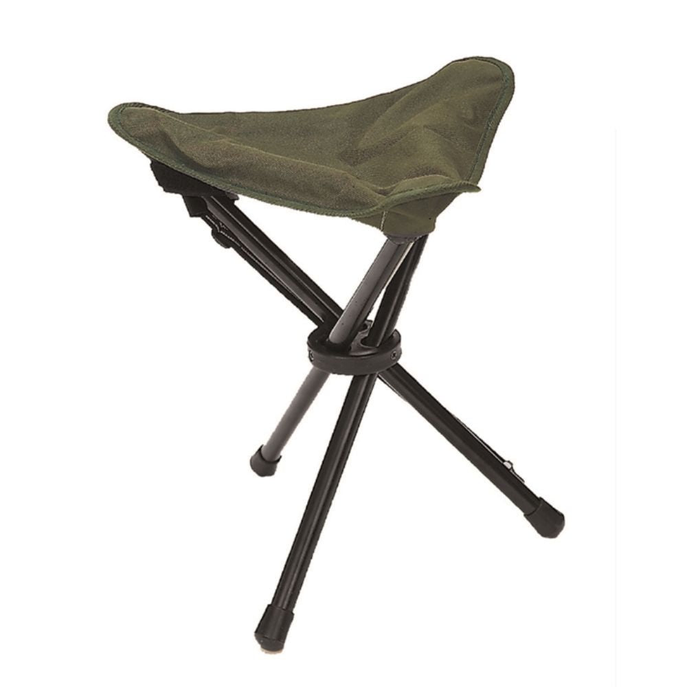 Tabouret trépied de camping Mil-Tec de couleur vert olive en polyester Oxford, structure en acier, dimensions 35x35x44cm, capacité de charge maximale de 100kg.