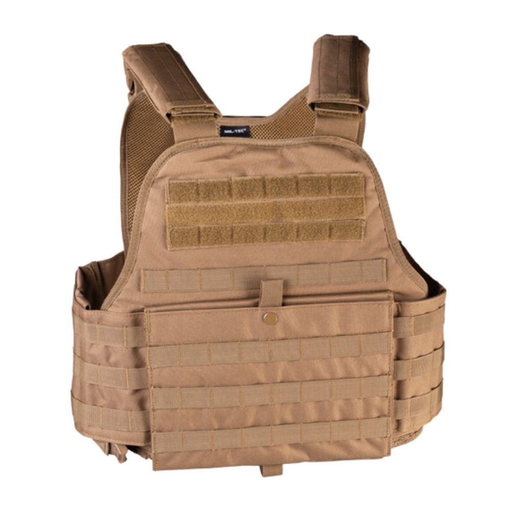 Gilet de combat SMB Coyote de Mil-Tec, en polyester, doublure et rembourrage en polyéthylène, avec ceinture réglable, poignée et compartiments pour plaques de protection balist