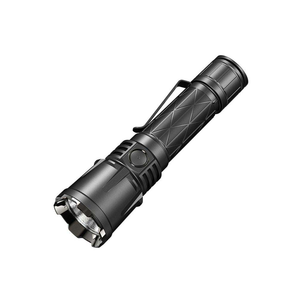 Rechargeable Klarus XT21X Pro Tactical Lamp in black, with 4400 lumens, USB-C charging, power bank feature and aeronautical aluminum alloy construction.