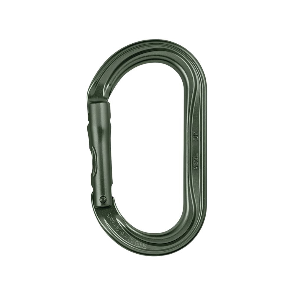 Mousqueton Petzl gris en aluminium, léger et robuste avec forme ovale pour une utilisation optimale avec poulies ou bloqueurs, disponible en versions avec ou sans système de verrouillage.