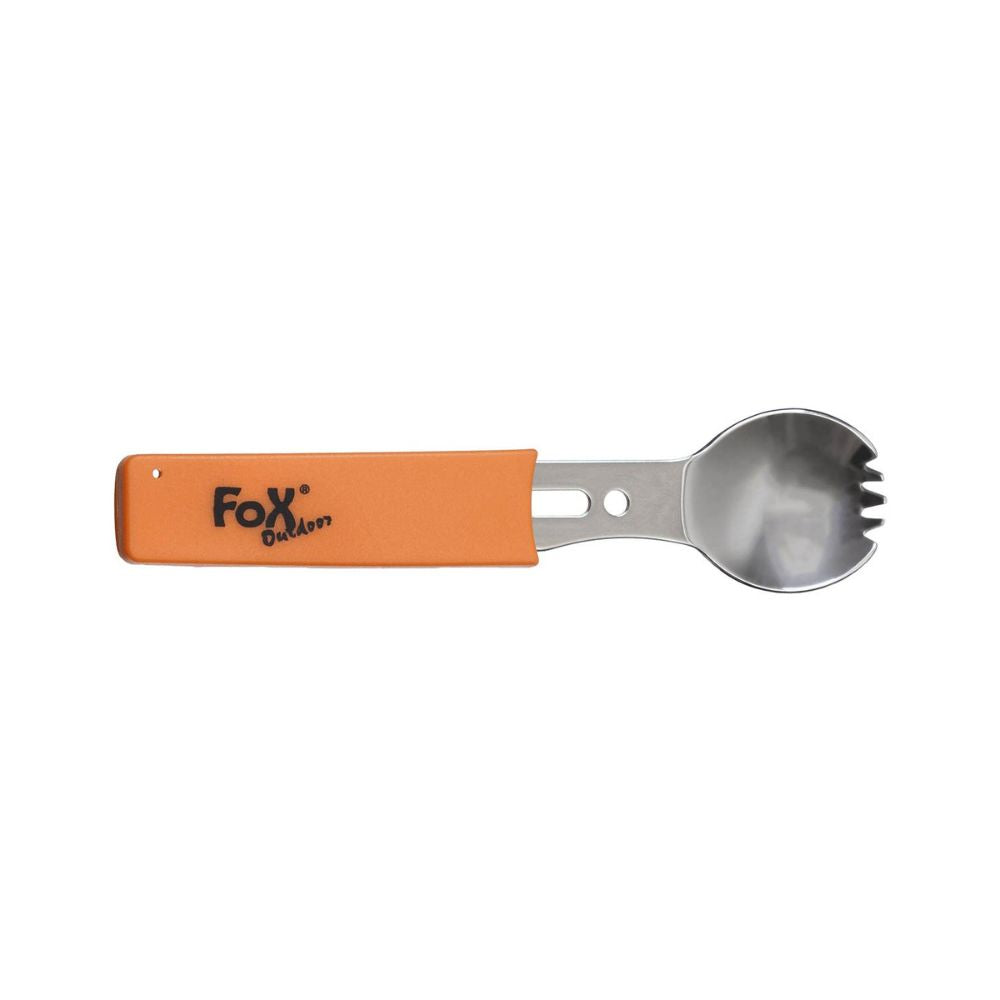 Fourchette multifonctions Fox Outdoor en inox avec cuillère, couteau, ouvre-bouteille, écailler à poisson et poignée-sifflet