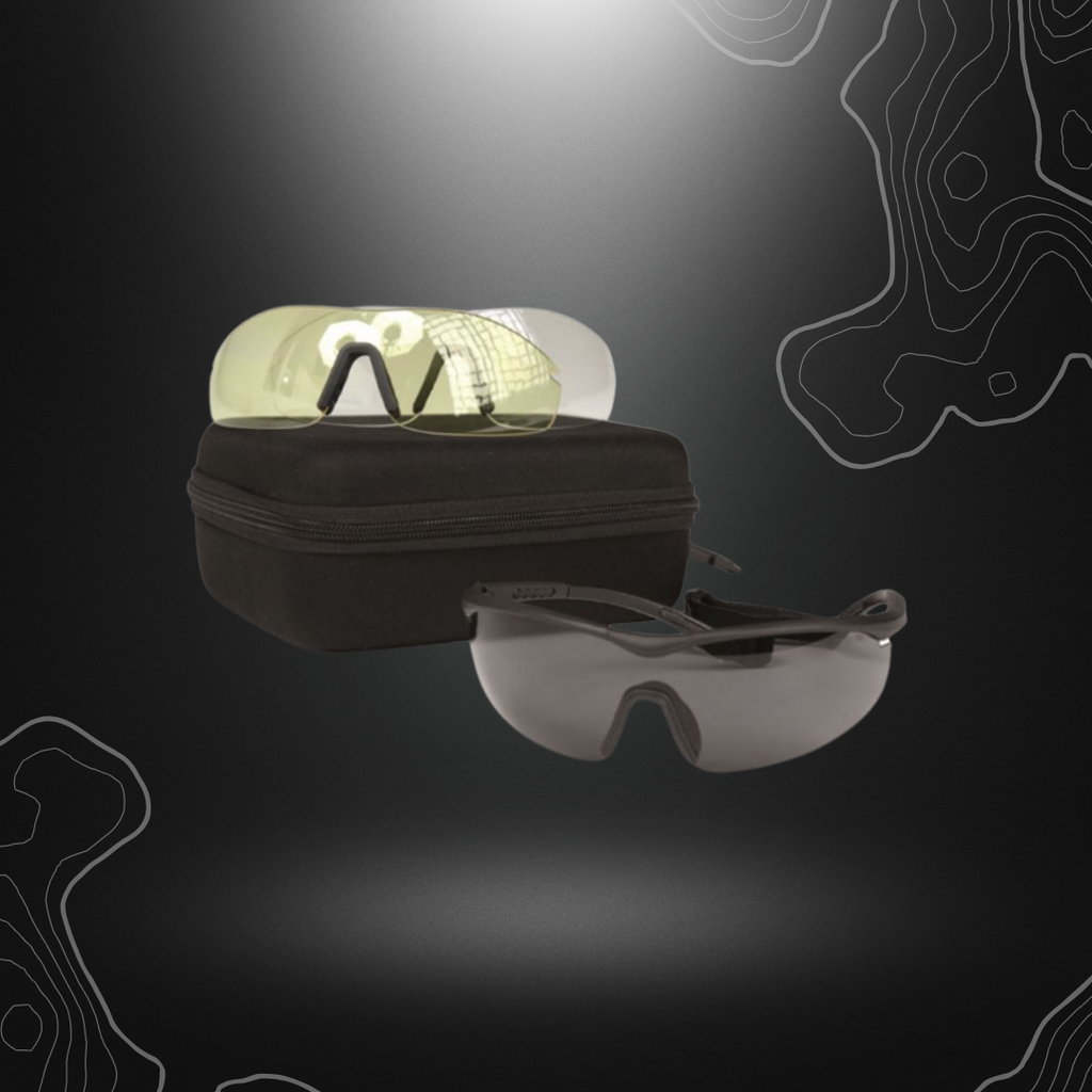 Pack de lunettes balistiques réversibles Miltec avec protection UV et résistance aux rayures, livré avec sac de nettoyage et boîte de transport
