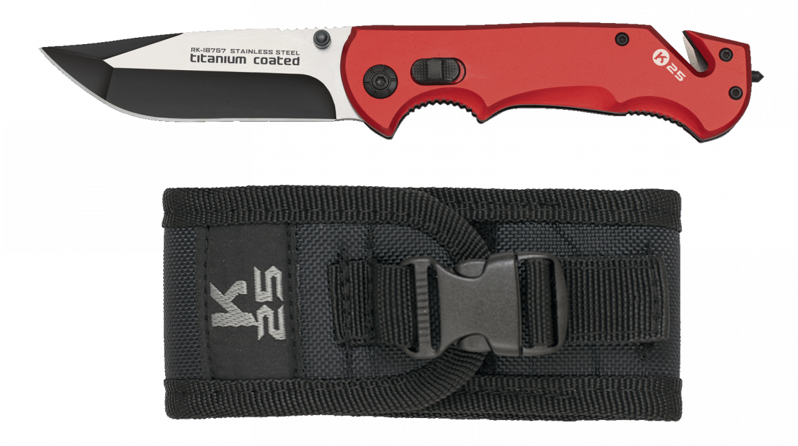 Robuste couteau pliant rouge K25 18757 avec lame en acier et manche en aluminium