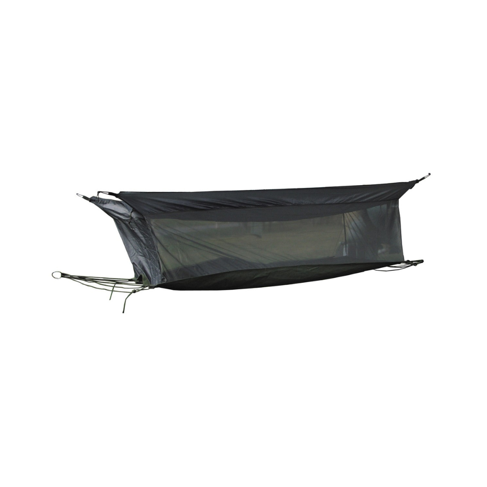 MFH Jungle Hamac avec moustiquaire et toit vert olive, en toile indéchirable, avec cordes de fixation réglables et anneaux métalliques robustes