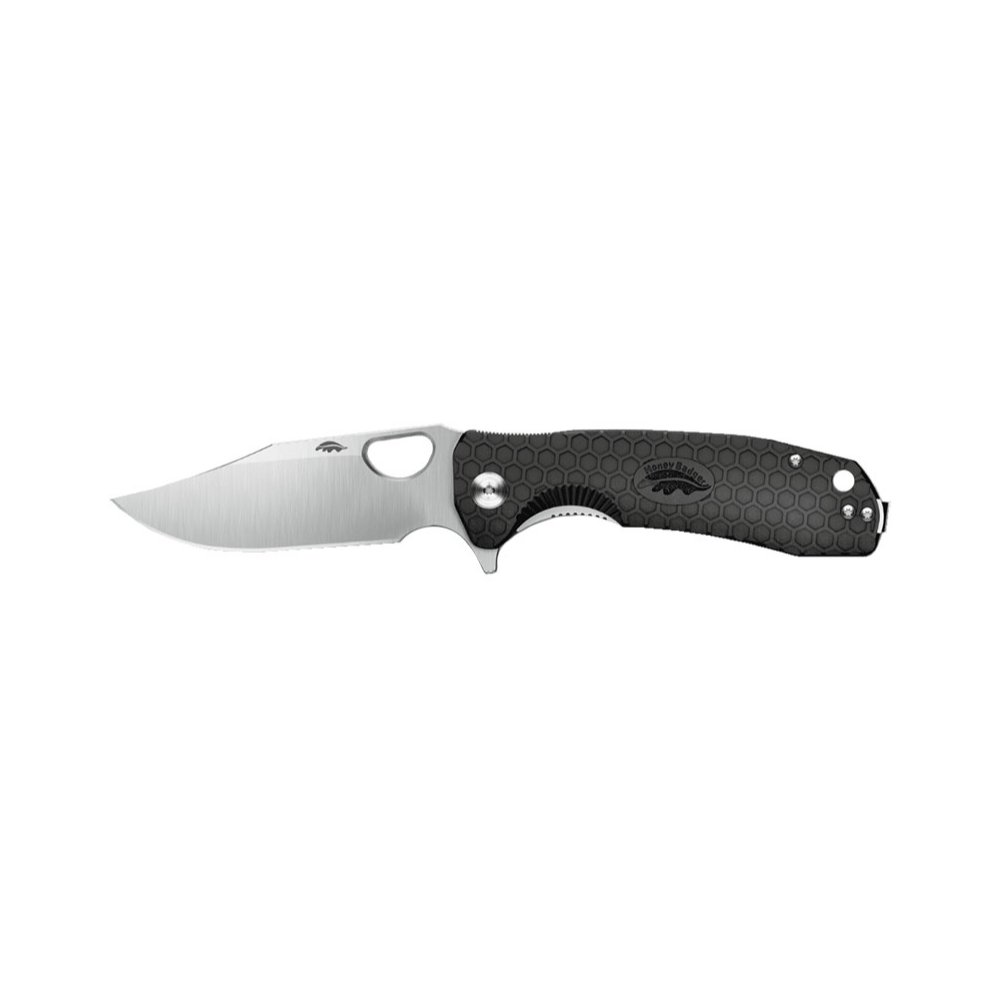 Grand couteau flipper noir Honey Badger avec lame de 92mm et manche FRN