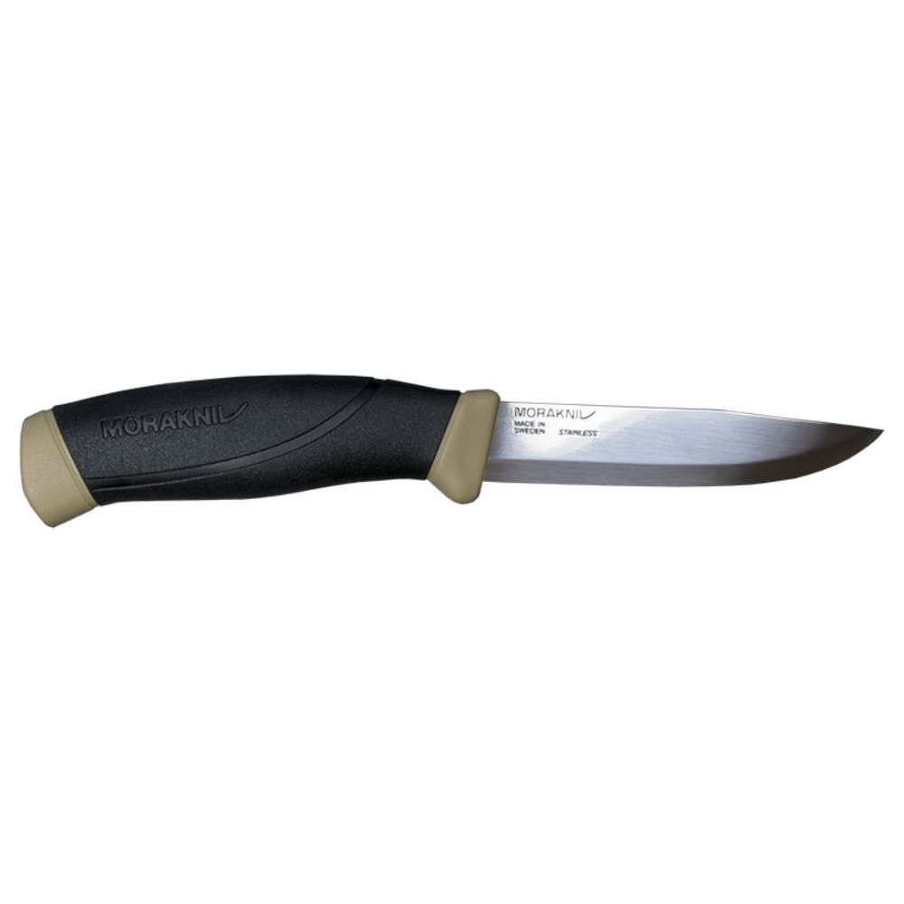 Poignard Morakniv Companion 13166 avec manche en gomme noir et extrémités coloris sable, lame en acier inoxydable