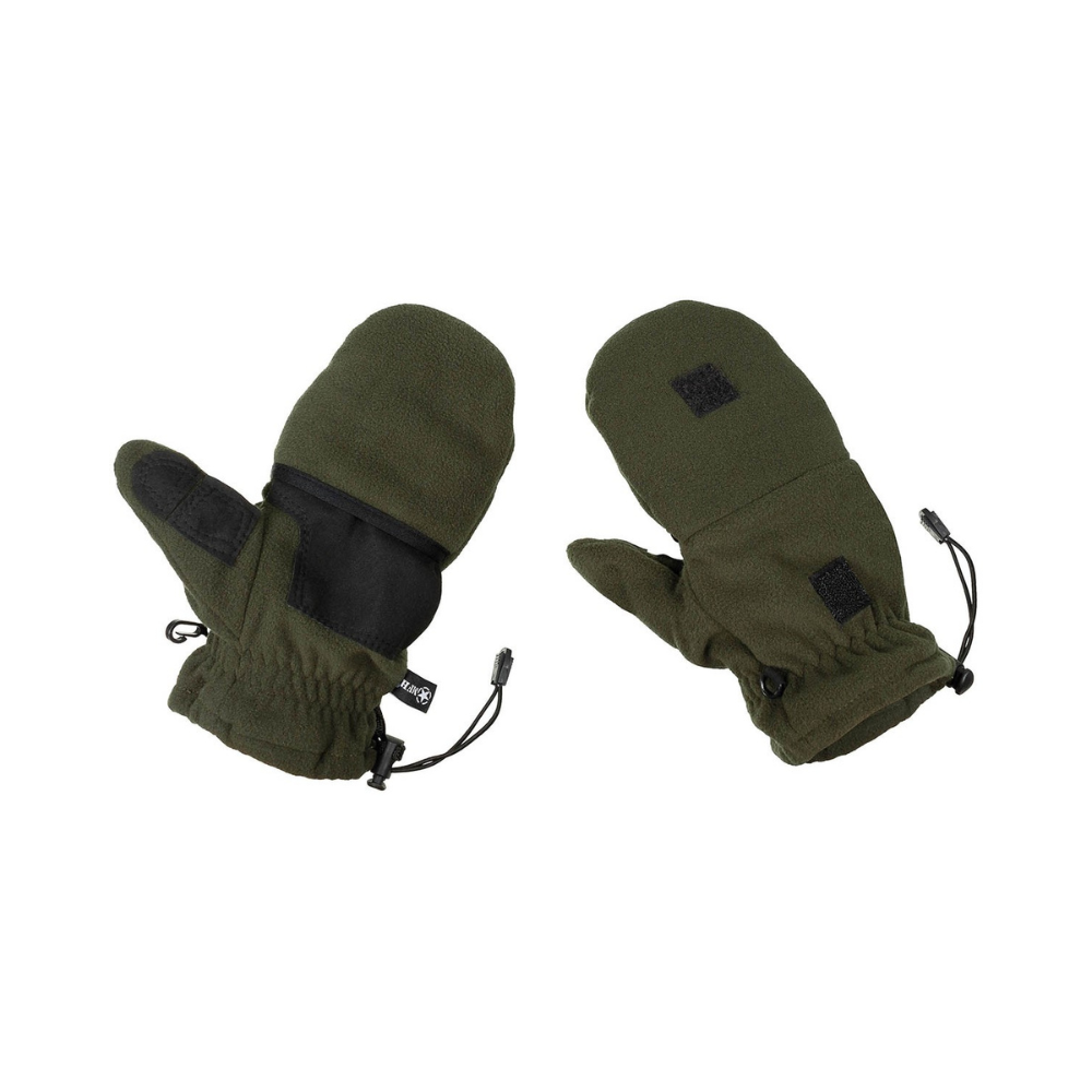 Mitaines polaires vert olive MFH avec protège-doigt pliable, bande velcro et cordon de serrage élastique, 100% polyester