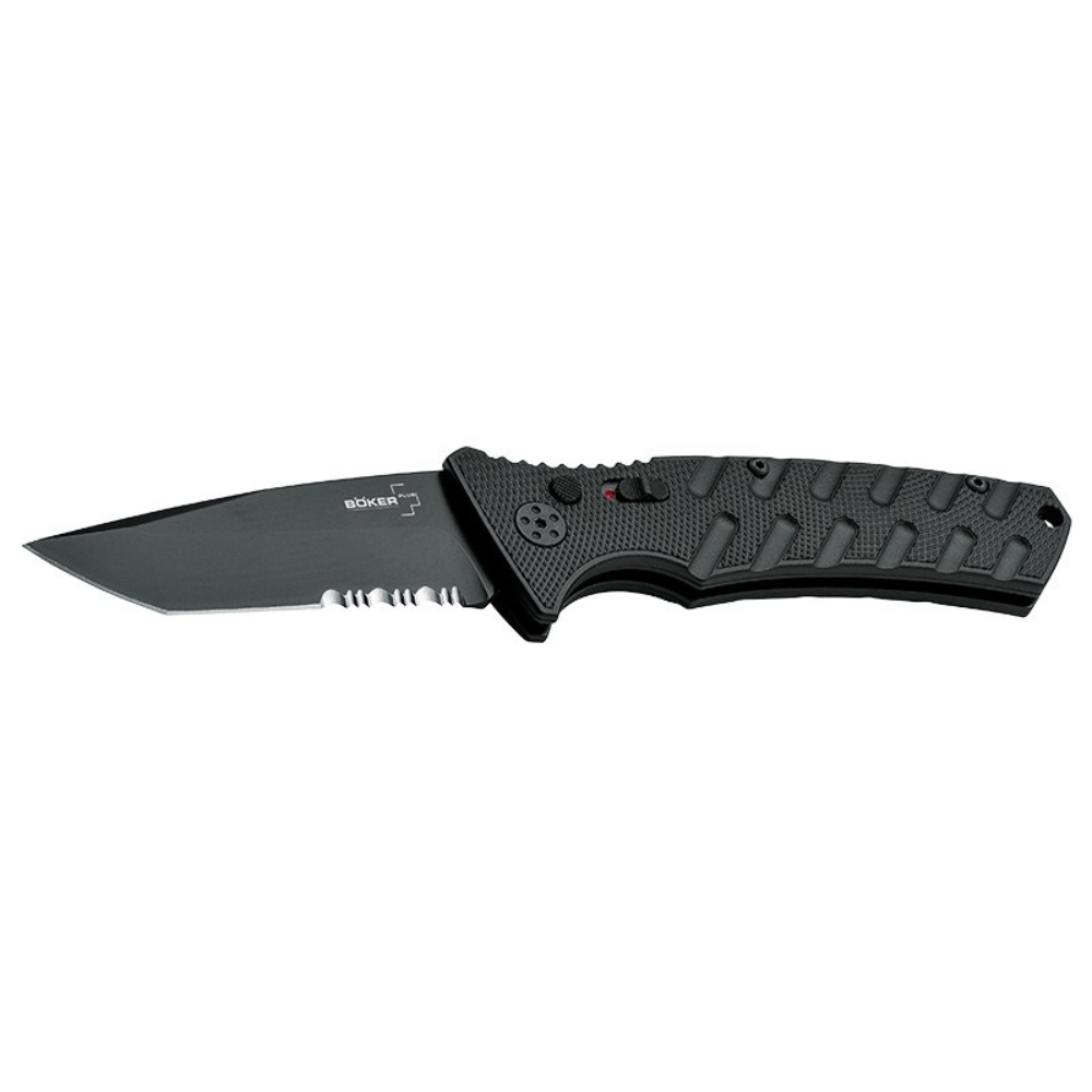 Le couteau pliant automatique noir Strike Tanto de Böker Plus avec lame en acier AUS-8 et poignée en aluminium antidérapante