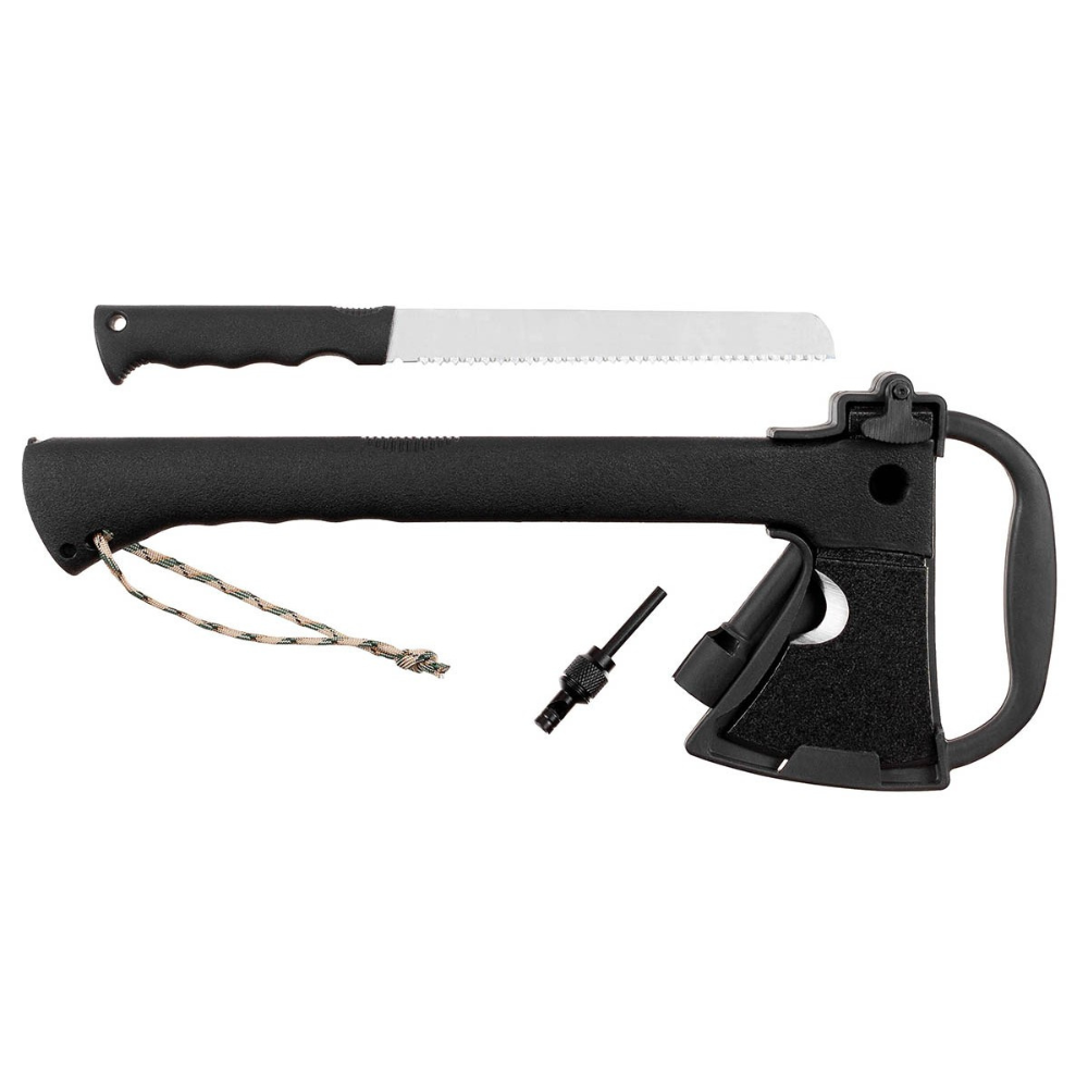 Hache de survie MFH avec manche noir en nylon, lame en inox 3Cr13, couteau intégré et étui contenant une pierre à feu et un sifflet, longueur totale 35