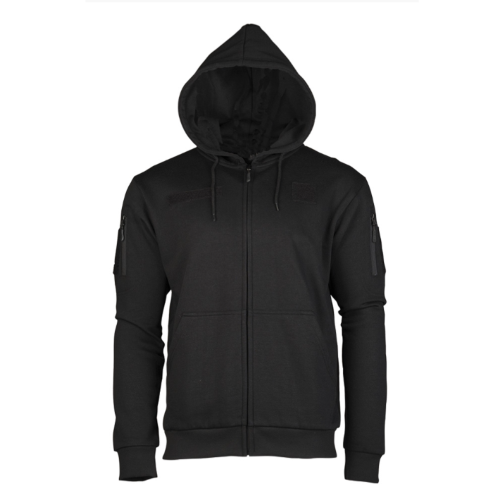 Sweat noir Wallis à zip, avec capuche, poches latérales et sur le bras, surface velcro pour patchs, en coton et polyester