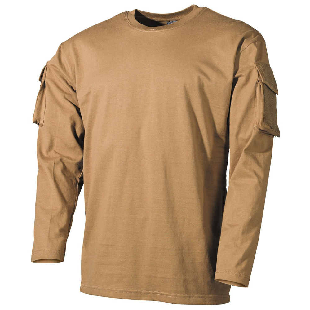 Alt tag pour un T-shirt tactique US à manches longues de la marque MFH, avec deux poches sur les manches, surface pour patch, col rond renforcé, en single jersey, 100% coton