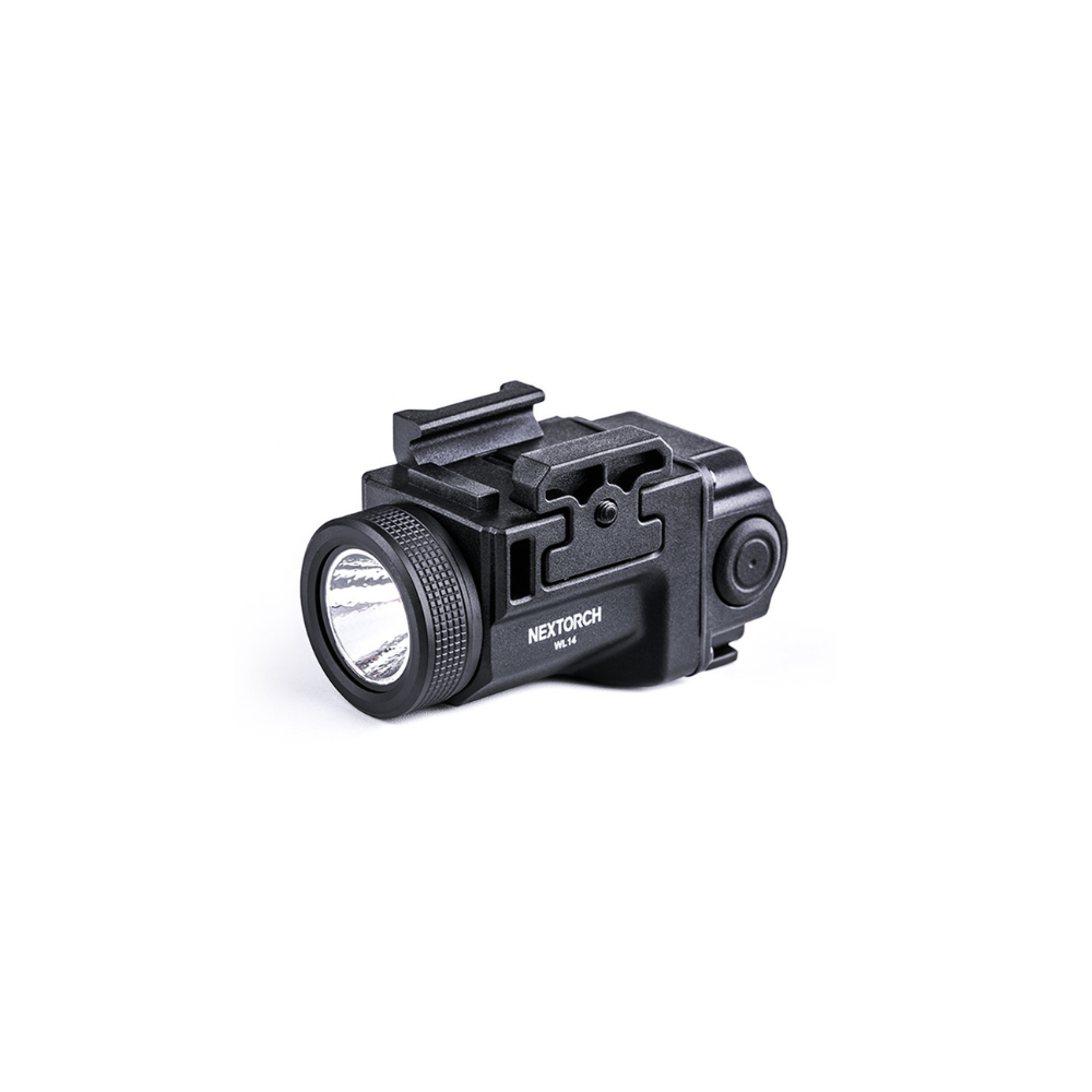 Robuste lampe rechargeable WL14 pour arme de poing avec éclairage blanc de 500 lumens, fixation pour rail picatinny et prise USB-C intégrée, fabriquée par Nextorch.