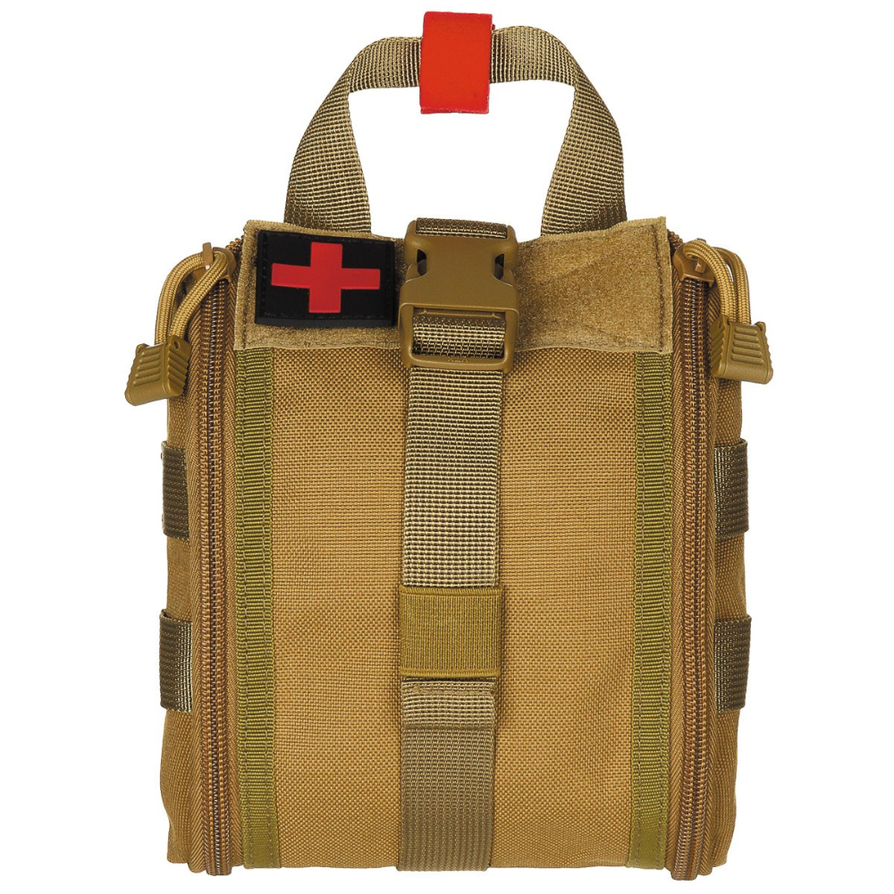 Poche Molle Premiers Secours IFAK Coyote - MFH, avec système Molle latéral, sangle de sécurité réglable, poignée de transport, velcro 'premiers soins', et