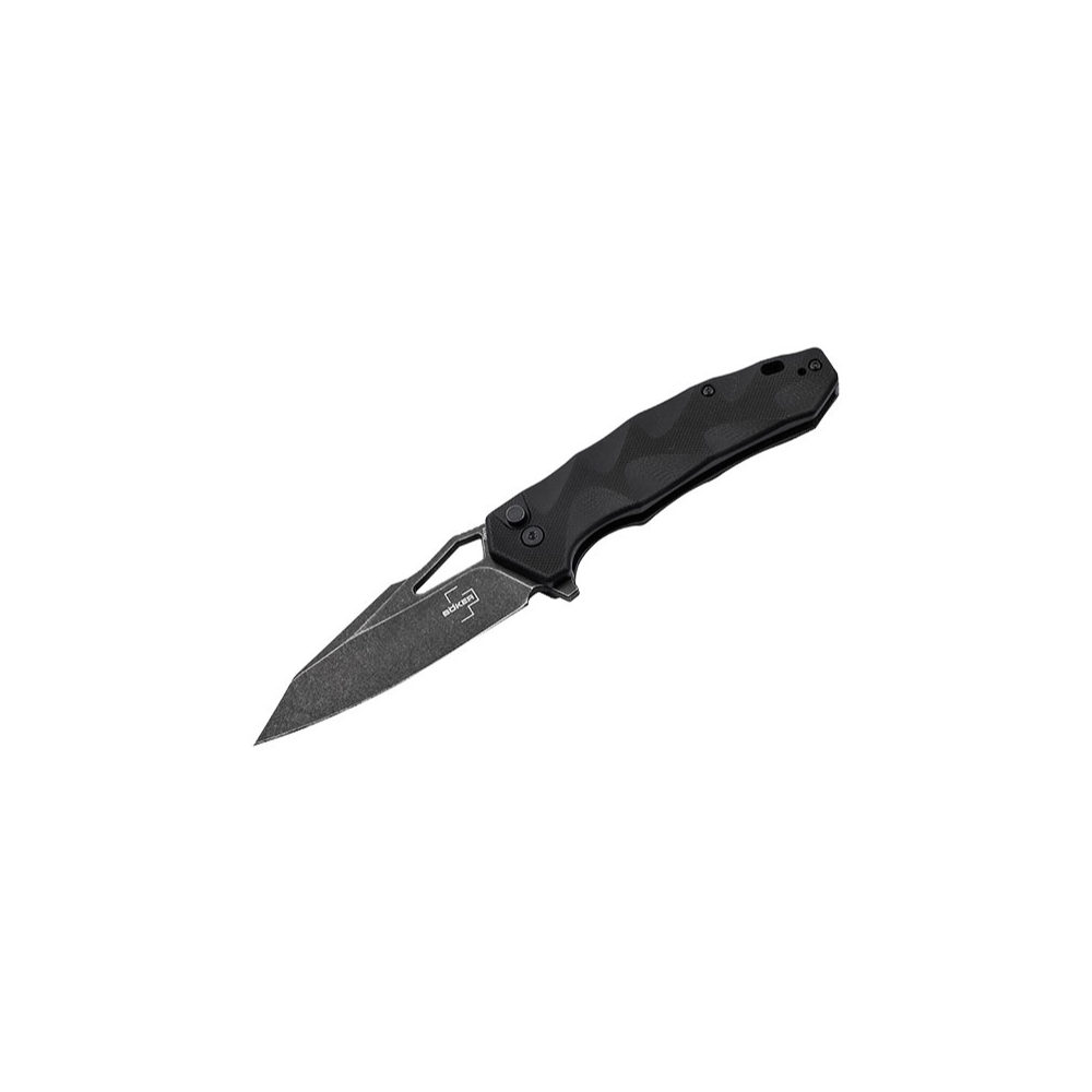 Image d'un couteau pliant noir Boker Plus 01BO636 avec lame en acier Nitro-V et manche en G10, design par Alessandra De Santis d'Hydra Design.