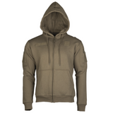Alt tag pour un sweat tactique vierge de Mil-Tec, en coton et polyester, avec capuche, fermeture frontale par zip, poches latérales et sur les bras, surface en scratch pour patchs,