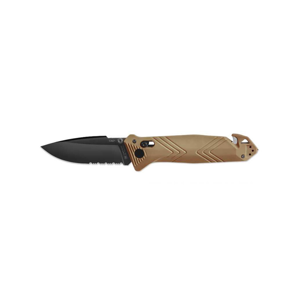 Couteau pliant CAC de TB Outdoor avec lame mixte, coupe-sangle, tire-bouchon et manche chevron - Fabriqué en France
