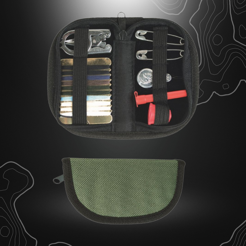 Kit de couture Miltec avec étui vert, incluant fil à coudre multicolore, ciseaux, aiguilles, aide d'enfilage, dé à coudre et épingles de sûreté