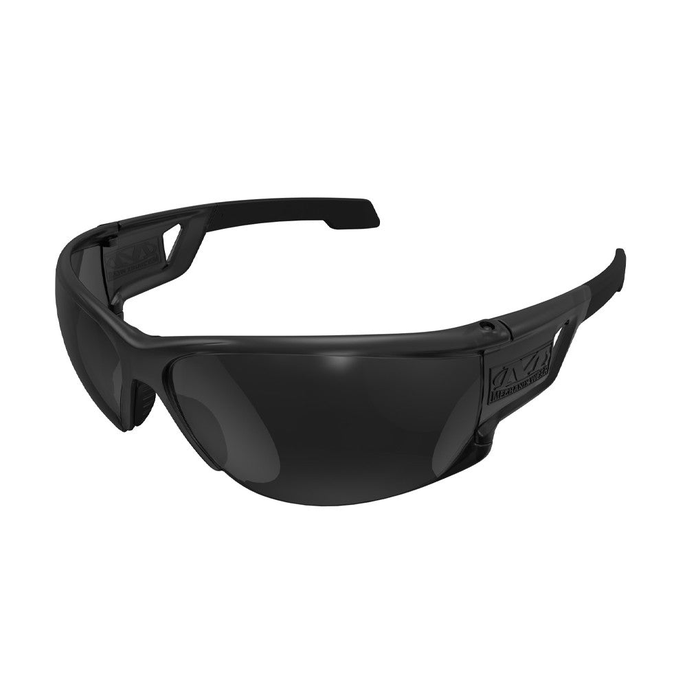 Lunettes balistiques Mechanix Type-N écran fumé - vue trois quarts de la monture noire enveloppante