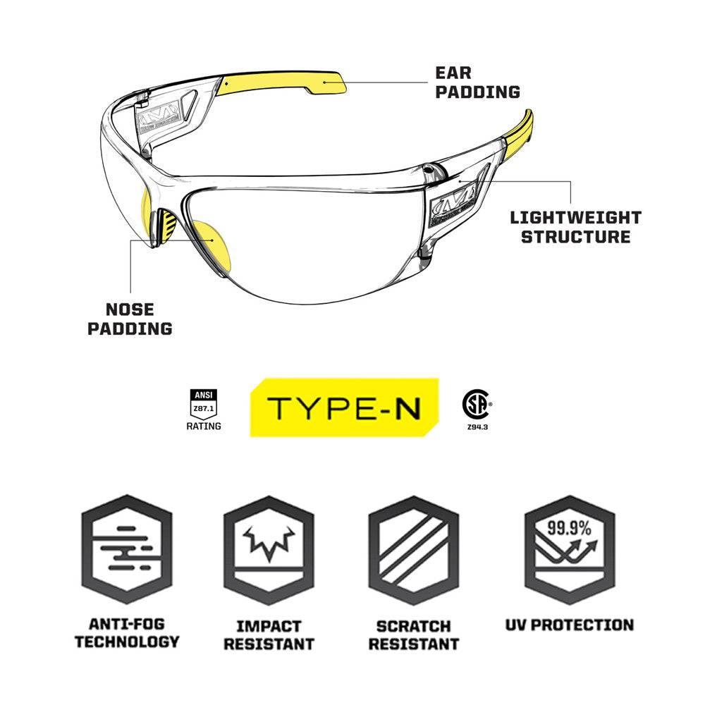 Lunettes balistiques Mechanix Type-N écran fumé - détail des branches et du pont de nez en caoutchouc antidérapant