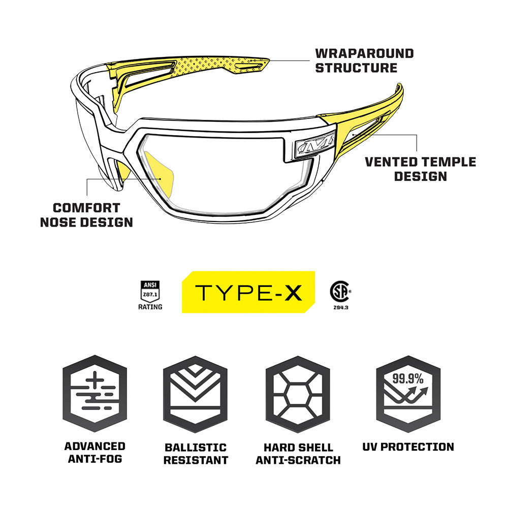 Lunettes balistiques Mechanix Type-X verres fumés - détail des branches et du pont de nez en caoutchouc antidérapant
