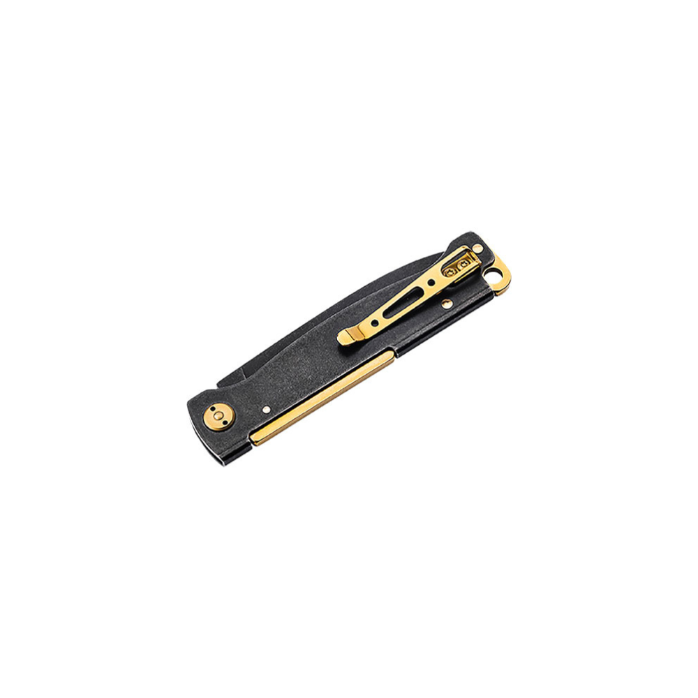 Couteau pliant Boker Plus Atlas Black Stonewash Copper avec lame de 7,2 cm en acier inox, manche en acier et laiton, verrouillage Slip joint, clip ceinture et trou pour