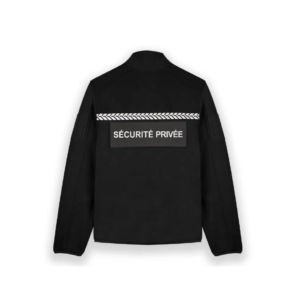 Polo noir 'SÉCURITÉ PRIVÉE' de marque GK SAFETEK avec bandes grises réfléchissantes et emplacements pour badge RIO