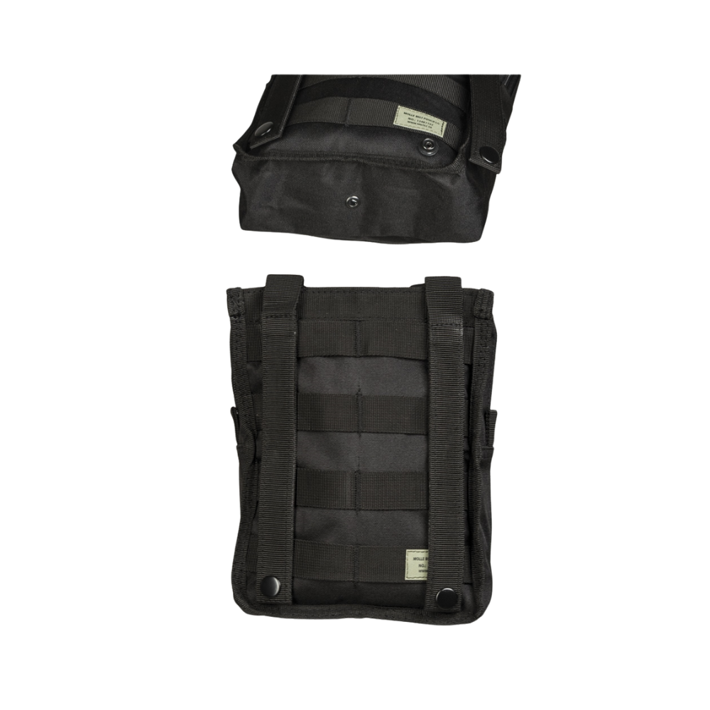 Grande poche admin Molle Belt Pouch noire de Mil-Tec avec système de fixation, fermeture zip, compartiments pour ustensiles et surface en scratch pour patchs