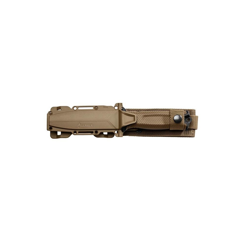 Poignard Gerber StrongArm Coyote Tan à lame lisse tranchante en acier 420HC, avec manche couleur TAN et étui MOLLE, parfait pour l'aventure et l'usage militaire