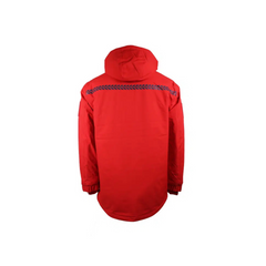 Parka rouge pour la sécurité incendie GK Safetek, résistante et confortable, avec isolation thermique et tissu imperméable.