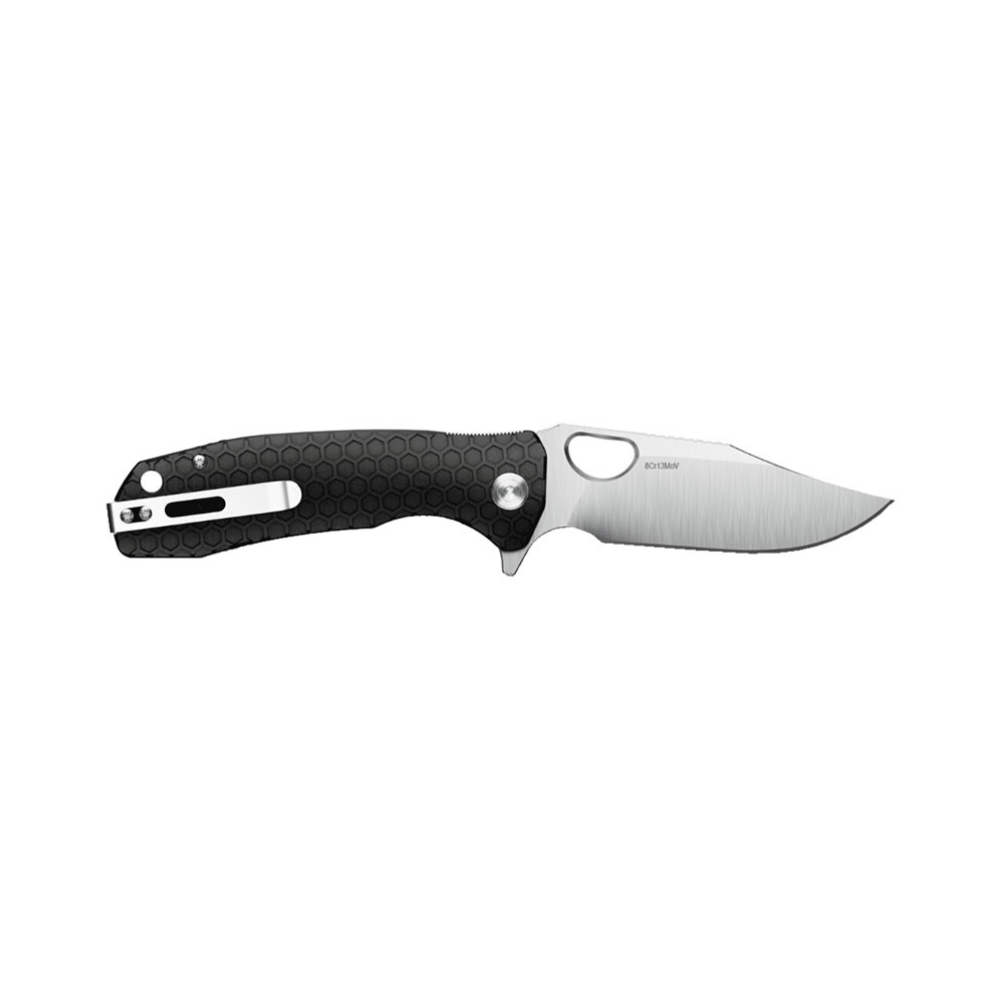 Grand couteau flipper noir Honey Badger avec lame de 92mm et manche FRN