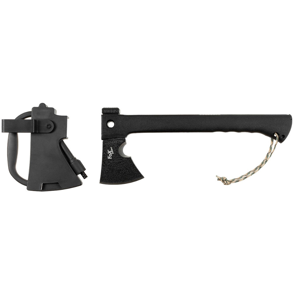 Hache de survie MFH avec manche en nylon noir, lame inox noircie, couteau intégré et étui - idéale pour couper des branches et autres activités de plein air