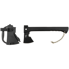Hache de survie MFH avec manche en nylon noir, lame inox noircie, couteau intégré et étui - idéale pour couper des branches et autres activités de plein air