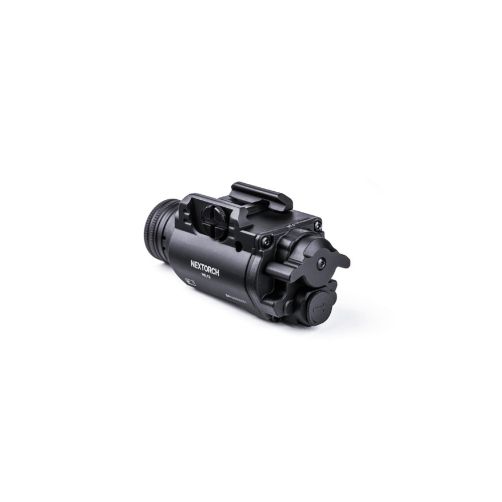 Robuste lampe tactique WL13 pour arme de poing avec éclairage blanc de 1300 lumens, fixation rail picatinny et double interrupteur, fabriquée par Nextorch.