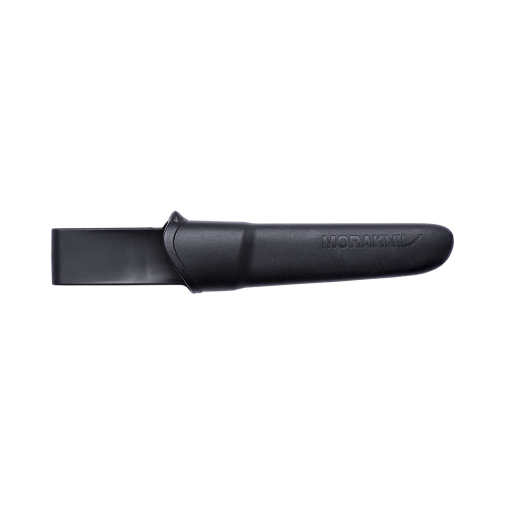 Poignard Mora Companion noir avec lame inox de 105mm, manche en gomme et étui rigide, idéal pour la chasse, le bushcraft et les activités de plein air.