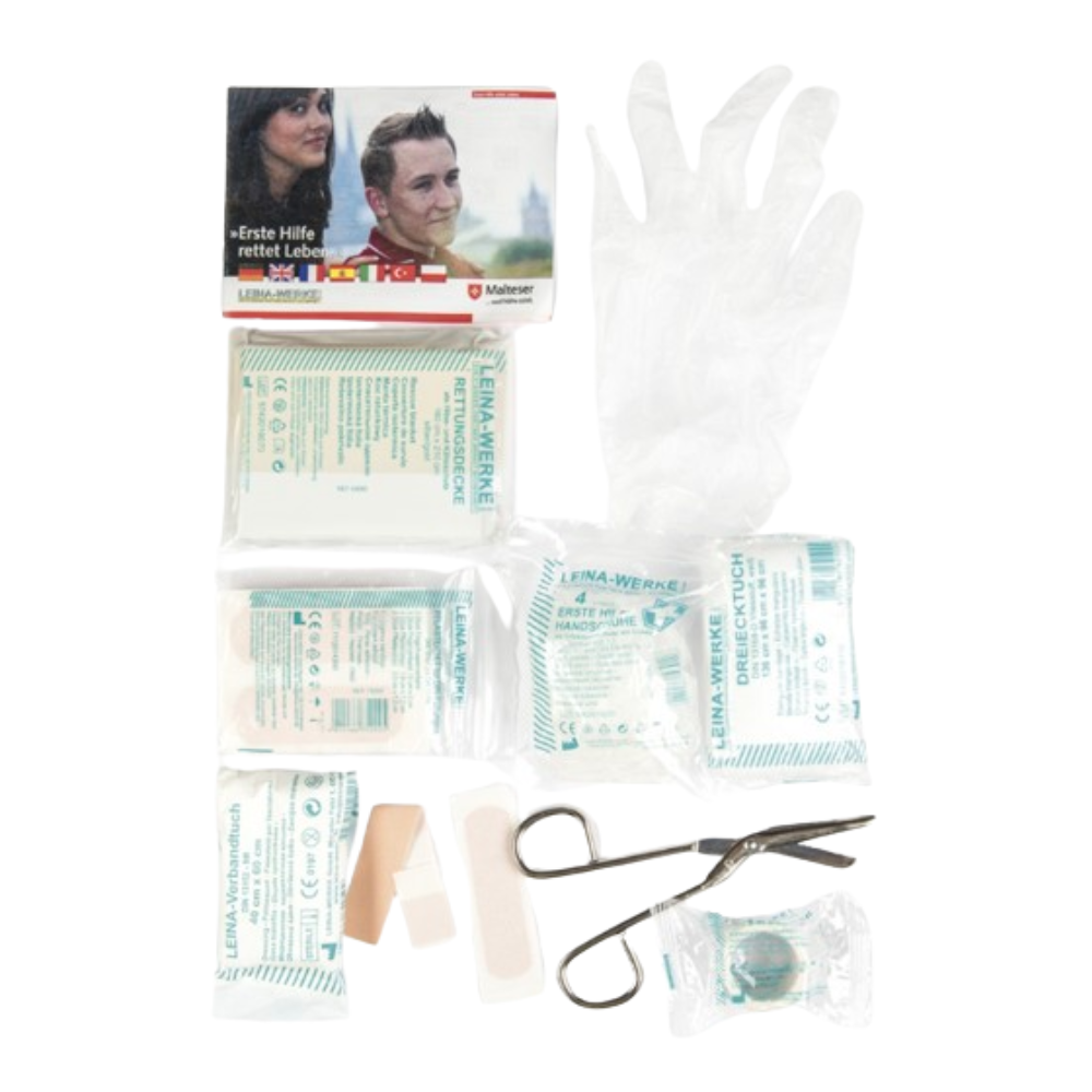Petite trousse de secours San Molle Belt Pouch Tan de Mil-Tec contenant pansements, ciseaux à bandage, couverture de survie, écharpe, et plus, en polyester et recou