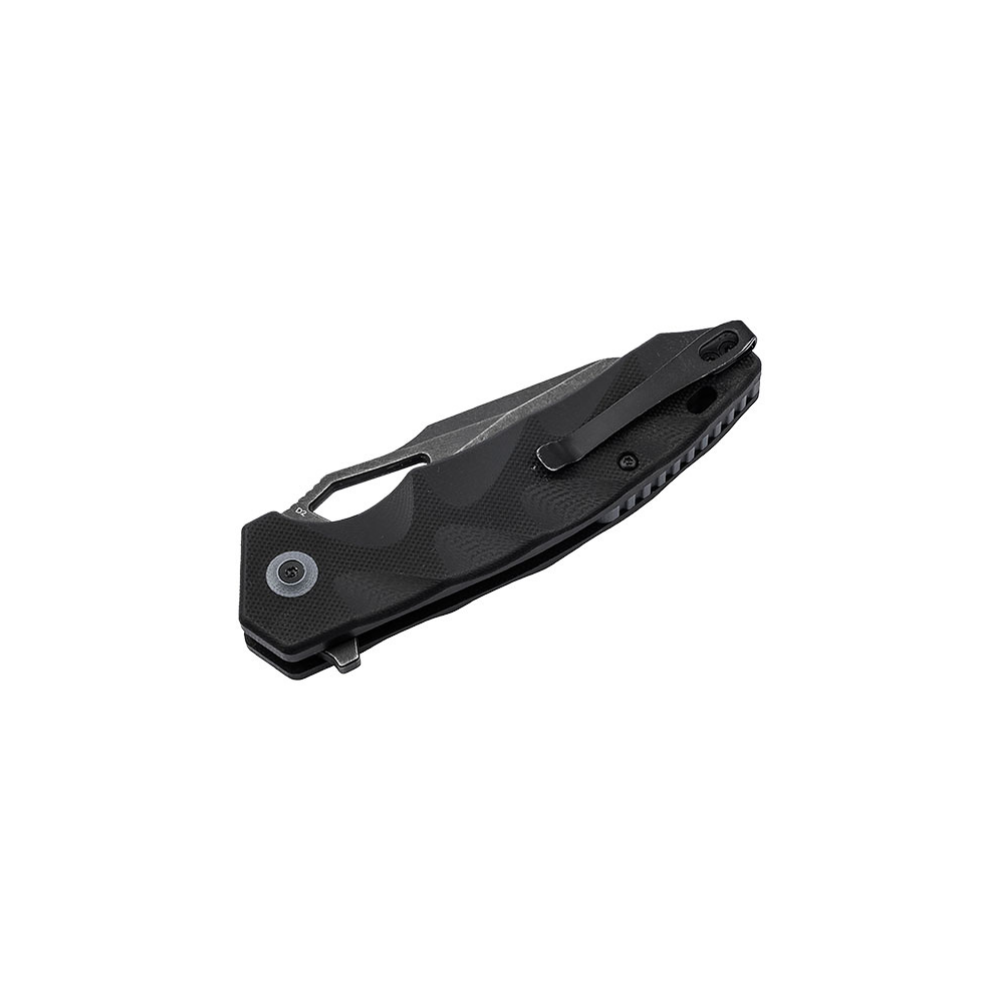 Image d'un couteau pliant noir BOKER PLUS 01BO636 avec lame en acier Nitro-V, manche en G10 noir et détails bleutés, conçu par Alessandra De Santis d'
