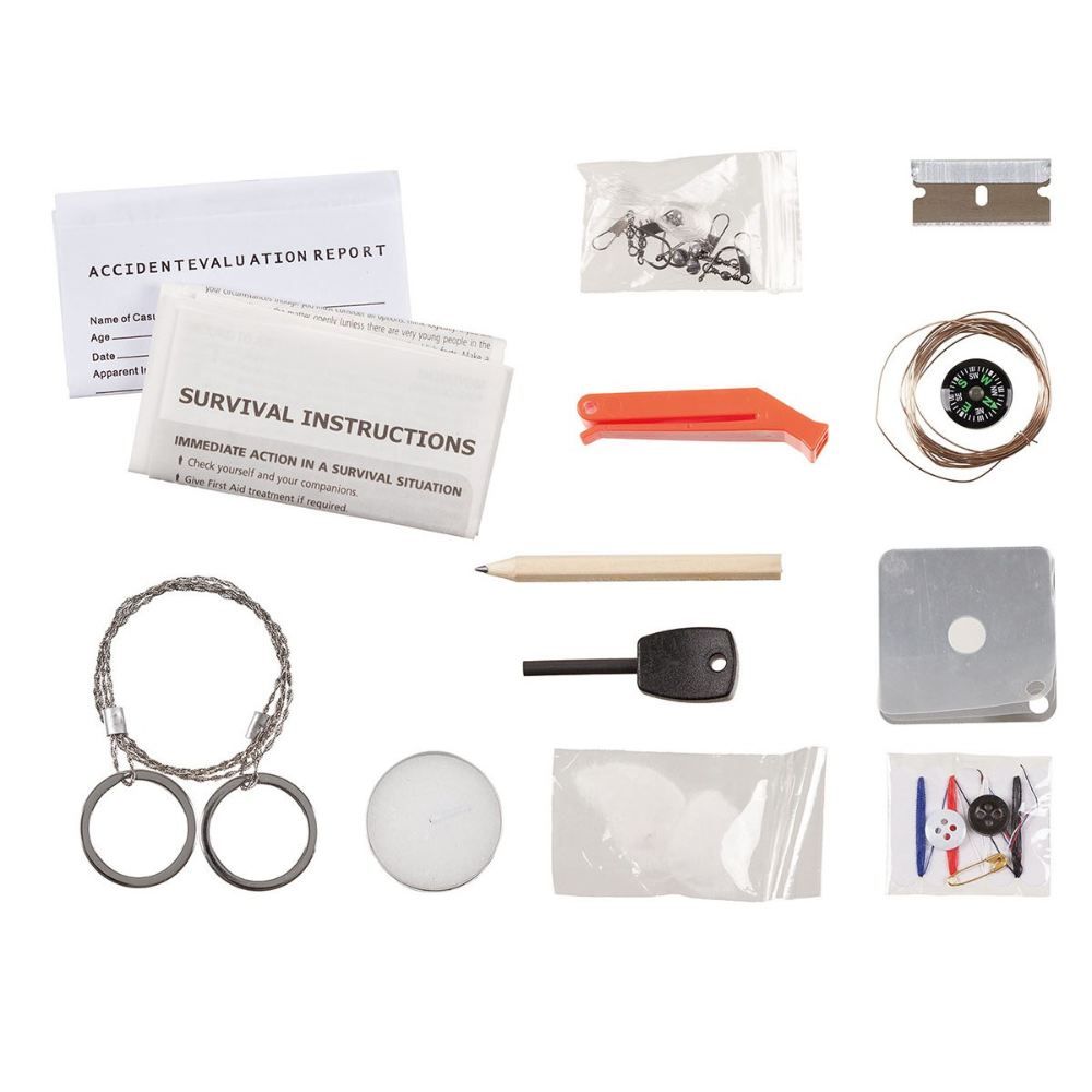 Boîte de survie étanche noire MFH avec consignes de survie, sifflet de signalisation, miroir de signalisation, bougie, mini boussole, allume feu, set de p
