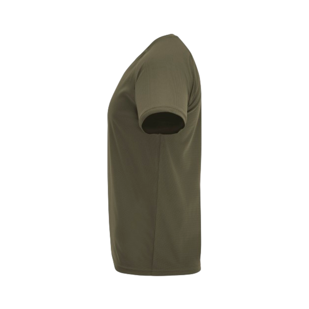 Deux t-shirts de l'armée française en vert et désert, avec tissu respirant et protection UV, réservés au personnel de la défense