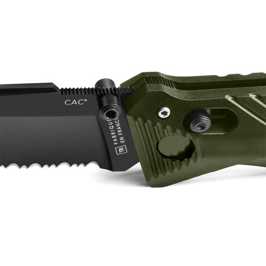 Image du couteau pliant CAC de TB Outdoor, fabriqué en France, avec lame mixte, coupe-sangle, tire-bouchon et clip ceinture réversible.