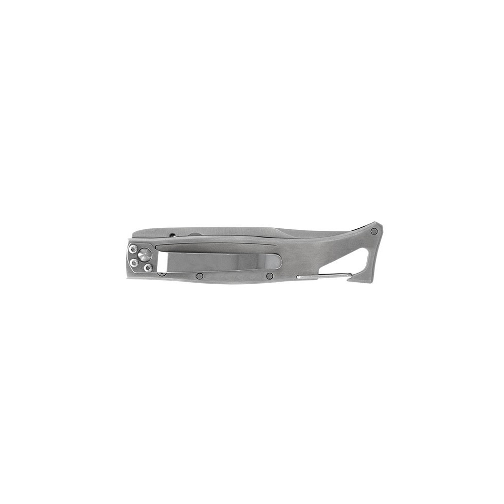 Couteau pliant LUG SP1S Desert avec lame clip-point en acier inoxydable, manche en acier couvert de G10 et options de transport via clip et mousqueton. Idéal pour le camping