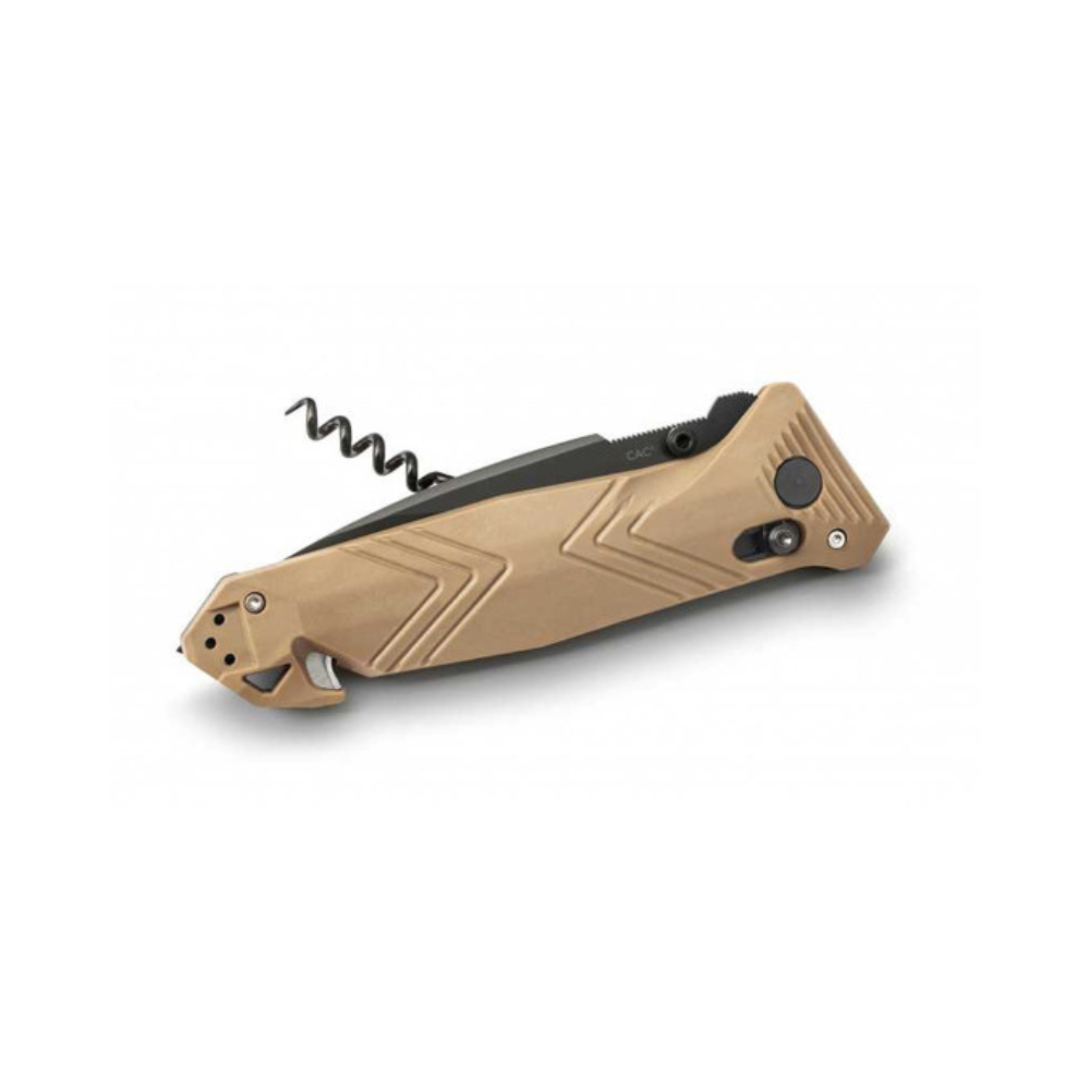 Vue du couteau pliant Cac de TB Outdoor avec lame mixte, coupe-sangle, clip ceinture réversible, tire-bouchon, et manche chevron en polymère chargé de fibres de verre
