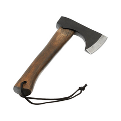 Hache Viking MFH avec tête noircie en inox, manche en bois de frêne et fourreau en cuir riveté, longueur totale 28.5cm, lame 8.5cm, tête
