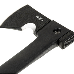 Survival hatchet MFH avec manche en nylon noir, lame inox noircie, tranchant lisse, marteau et couteau intégré, fourreau en plastique avec poignée et pierre à