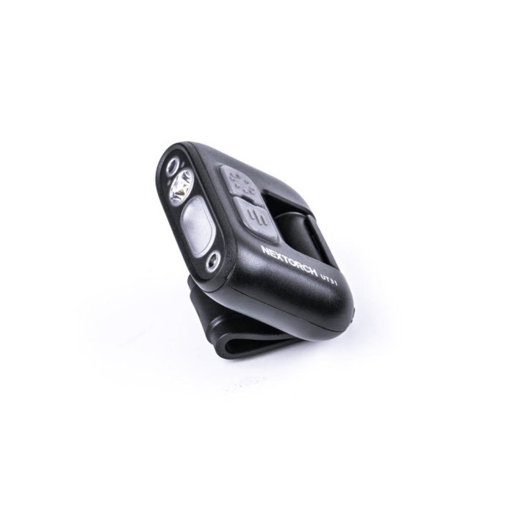 Nextorch UT3 lampe rechargeable noire de 220 lumens avec fixation clip, tête pivotante, fonction d'alerte clignotante et système de détection intelligent.