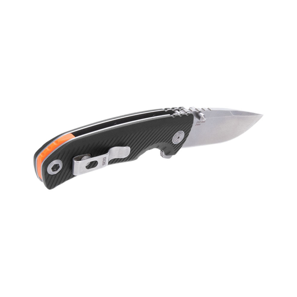 Couteau pliant SOG Tellus FLK pour usage outdoor avec lame large, action souple et manche texturé pour une excellente accroche