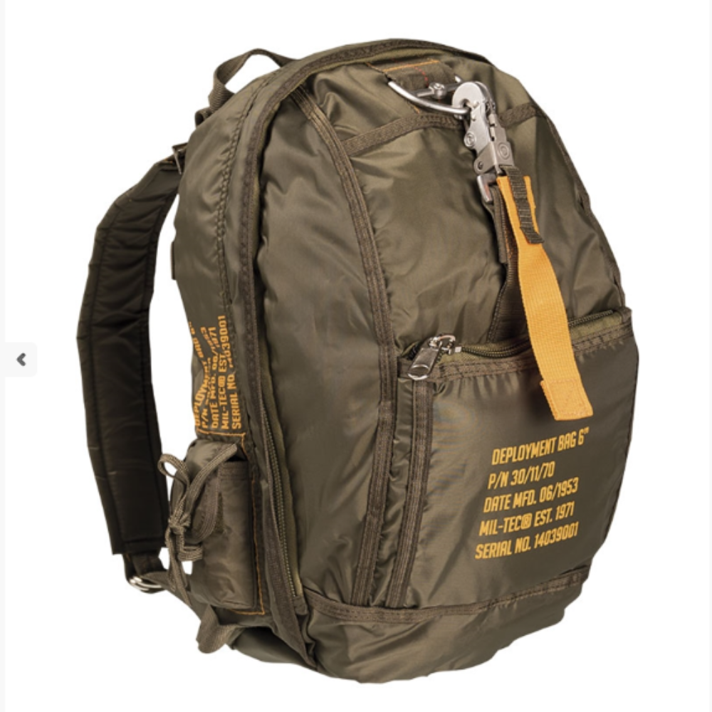 Sac à dos militaire MIL-TEC PARA 6 Deployment en nylon avec doublure en polyester, mesurant 44x30x12 cm et pesant 630g, doté de plusieurs compartiments zippés,