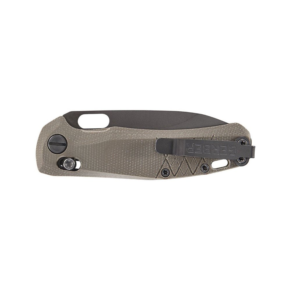 Couteau pliant robuste Gerber Scout Micarta Brown avec lame drop point en acier, manche en micarta marron texturé et clip ceinture réversible, idéal pour les aventures en plein air.