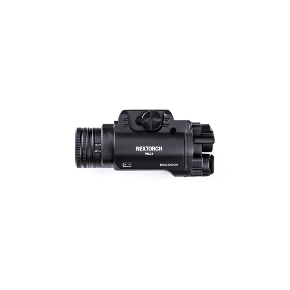 Robuste lampe tactique WL13 pour arme de poing, éclairage blanc de 1300 lumens, par Nextorch, avec fixation pour rail picatinny et double interrupteur.