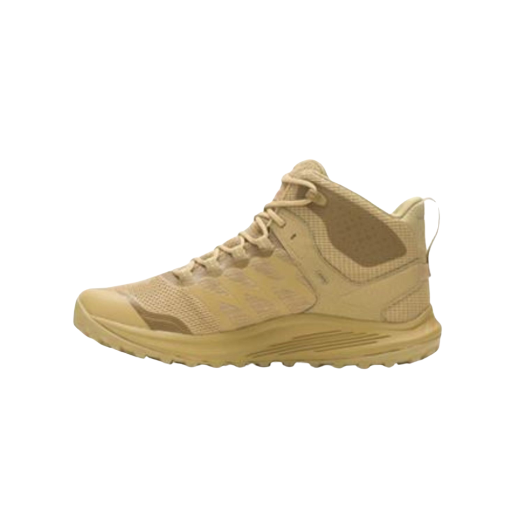 Chaussures tactiques NOVA 3 Mid Coyote de Merrell, waterproof, dotées de tige en maille anti-humidité, lacets 100% recyclés, semelle Vibram TC5+ et techn