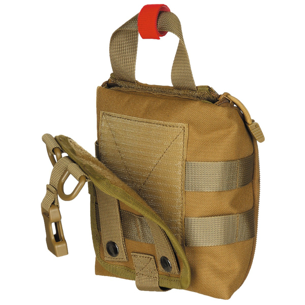 Poche Molle premiers secours IFAK Coyote MFH avec système Molle latéral, sangle de sécurité réglable, poignée de transport et plusieurs poches intérieures, 100% polyester